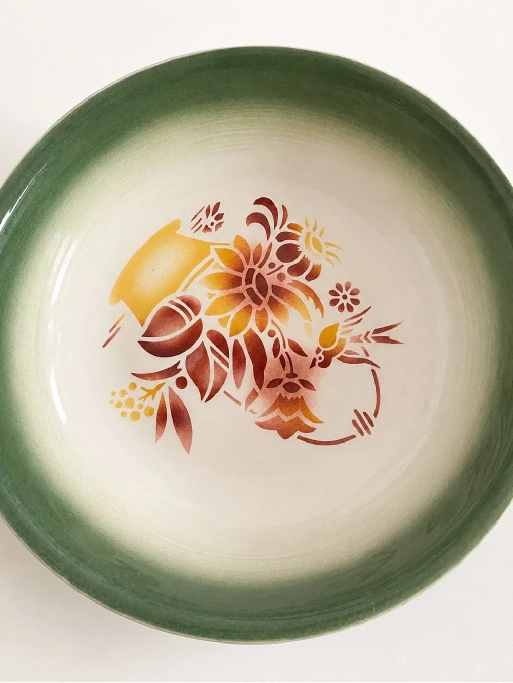 Vintage Floral Ceramic Serving Bowl in Green with Orange & Yellow Motif